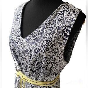 Avenue Womens Plus Size 14/16 Lace Print Sleeveless Belted Dress Navy Yellow NEW